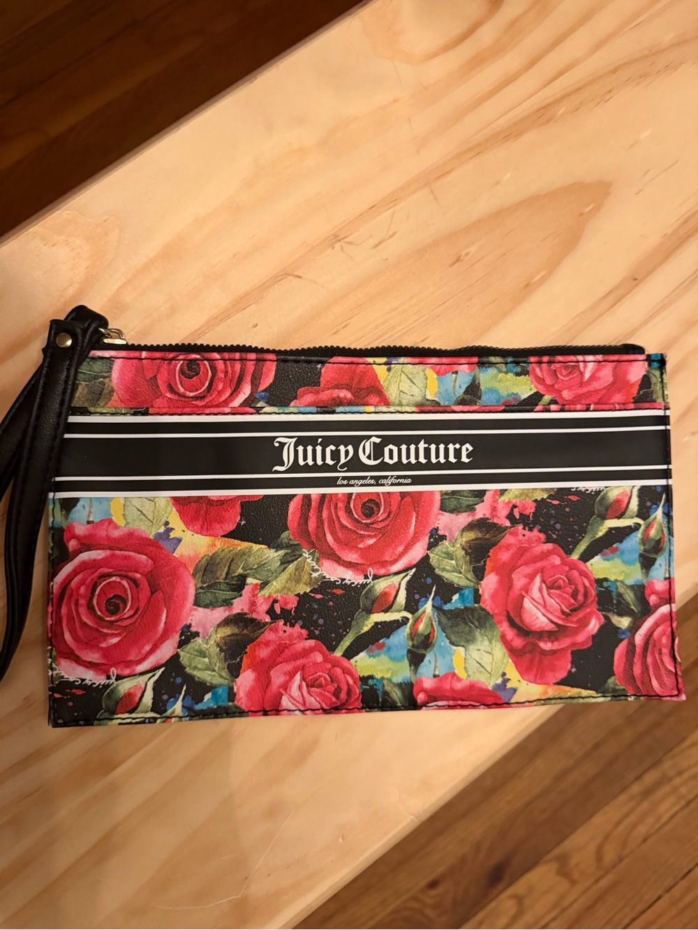 Juicy Couture Black Multi Rose Gothic Logo Stripe Wristlet NWOT - Picture 3 of 7